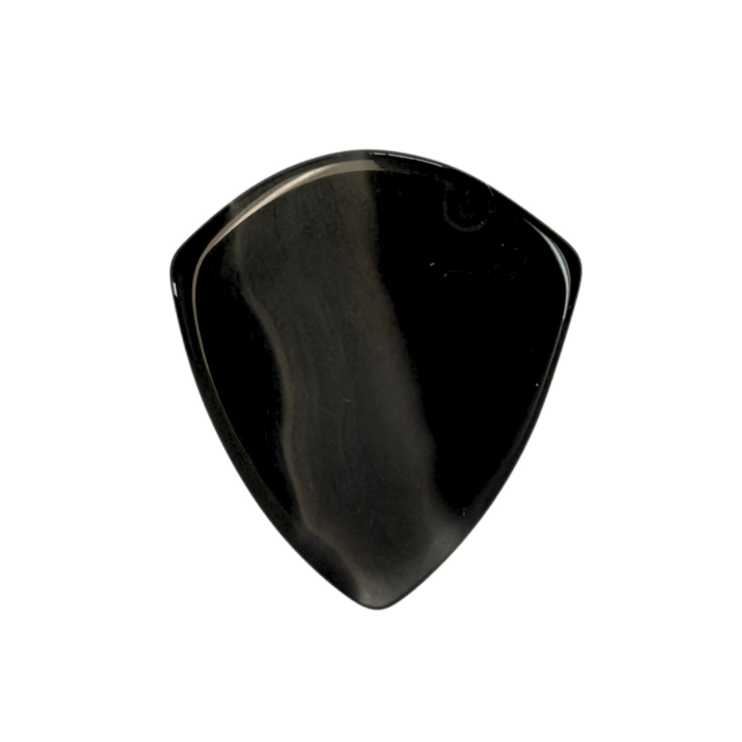 A glossy black stone jazz guitar pick with a smooth, polished surface, centered on a plain white background.