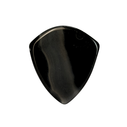 A glossy black stone jazz guitar pick with a smooth, polished surface, centered on a plain white background.