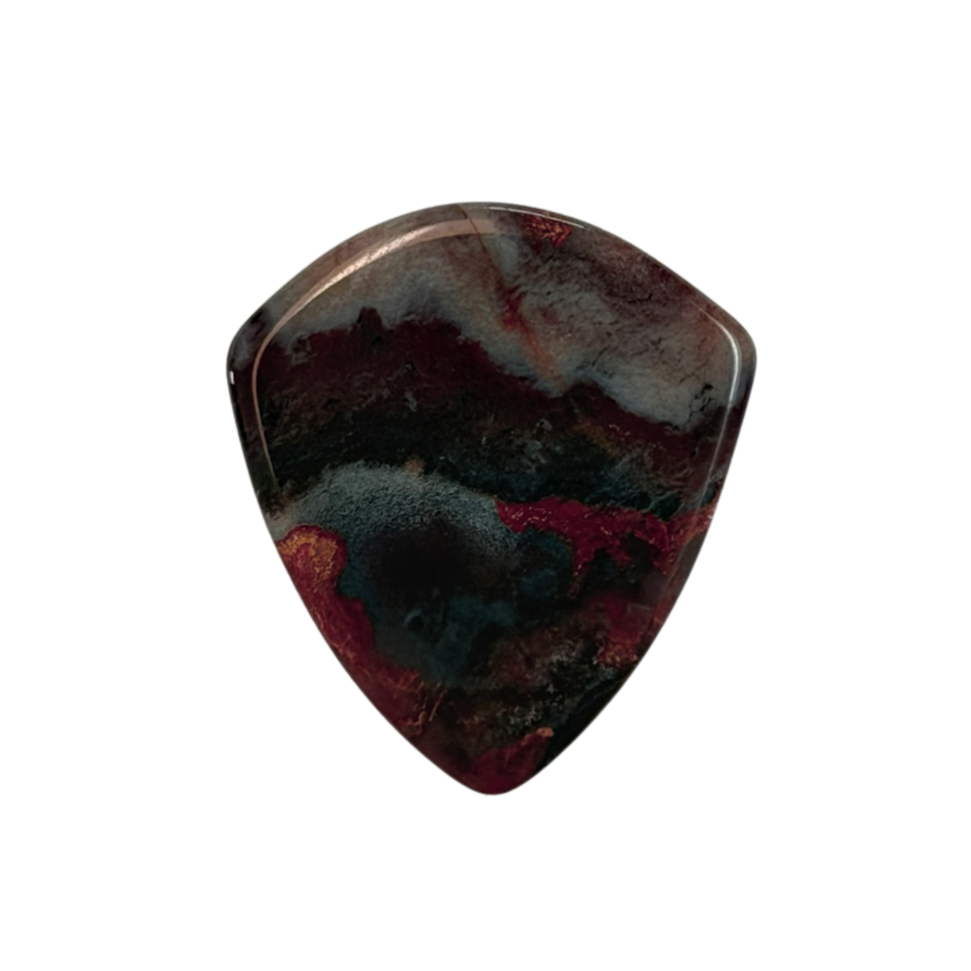 A jazz shaped stone guitar pick with a glossy, marbled resin finish featuring dark black, deep red, and gray patterns, isolated on a white background.