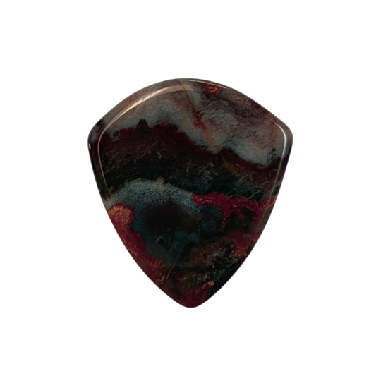 A jazz shaped stone guitar pick with a glossy, marbled resin finish featuring dark black, deep red, and gray patterns, isolated on a white background.