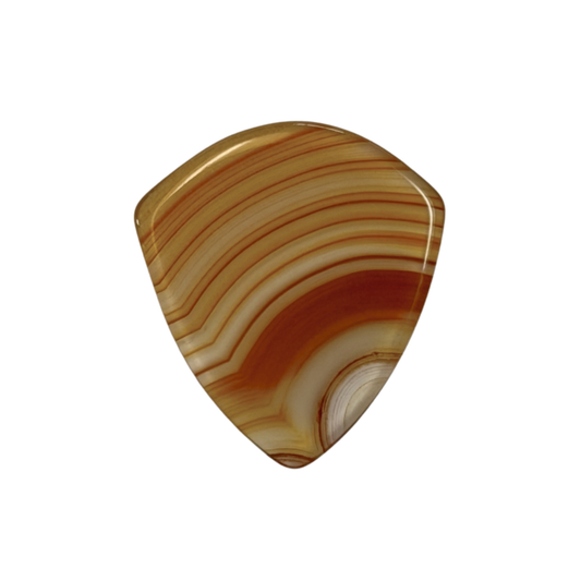 A jazz stone guitar pick made of polished agate with wavy bands of orange, brown, cream, and white, shown on a plain white background.