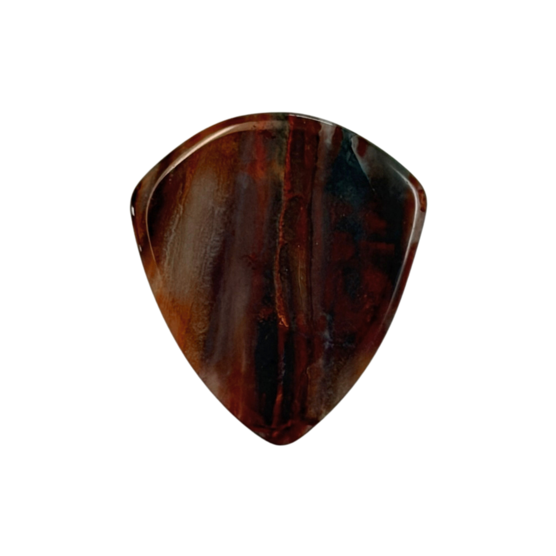 A single stone jazz guitar pick with a glossy finish  in shades of dark brown, amber, and black, isolated on a solid white background.