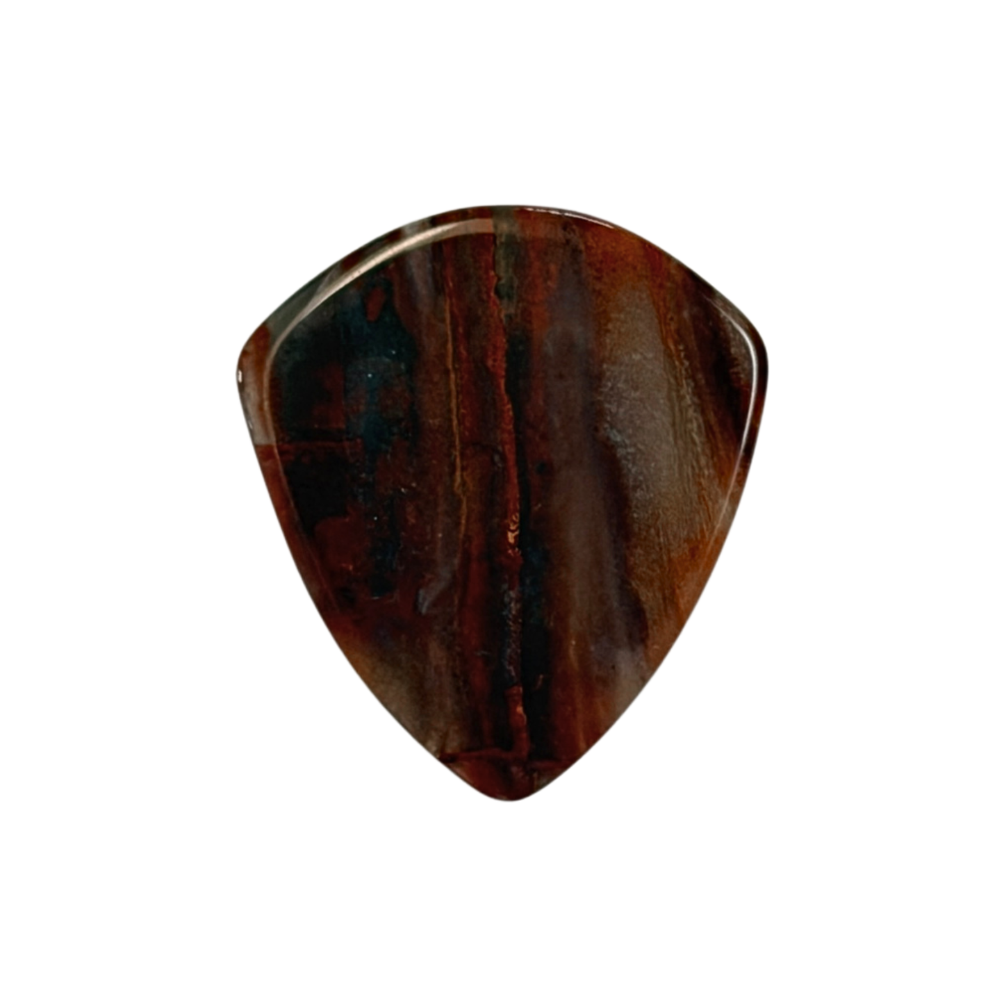 A single stone jazz guitar pick with a glossy finish  in shades of dark brown, amber, and black, isolated on a solid white background.