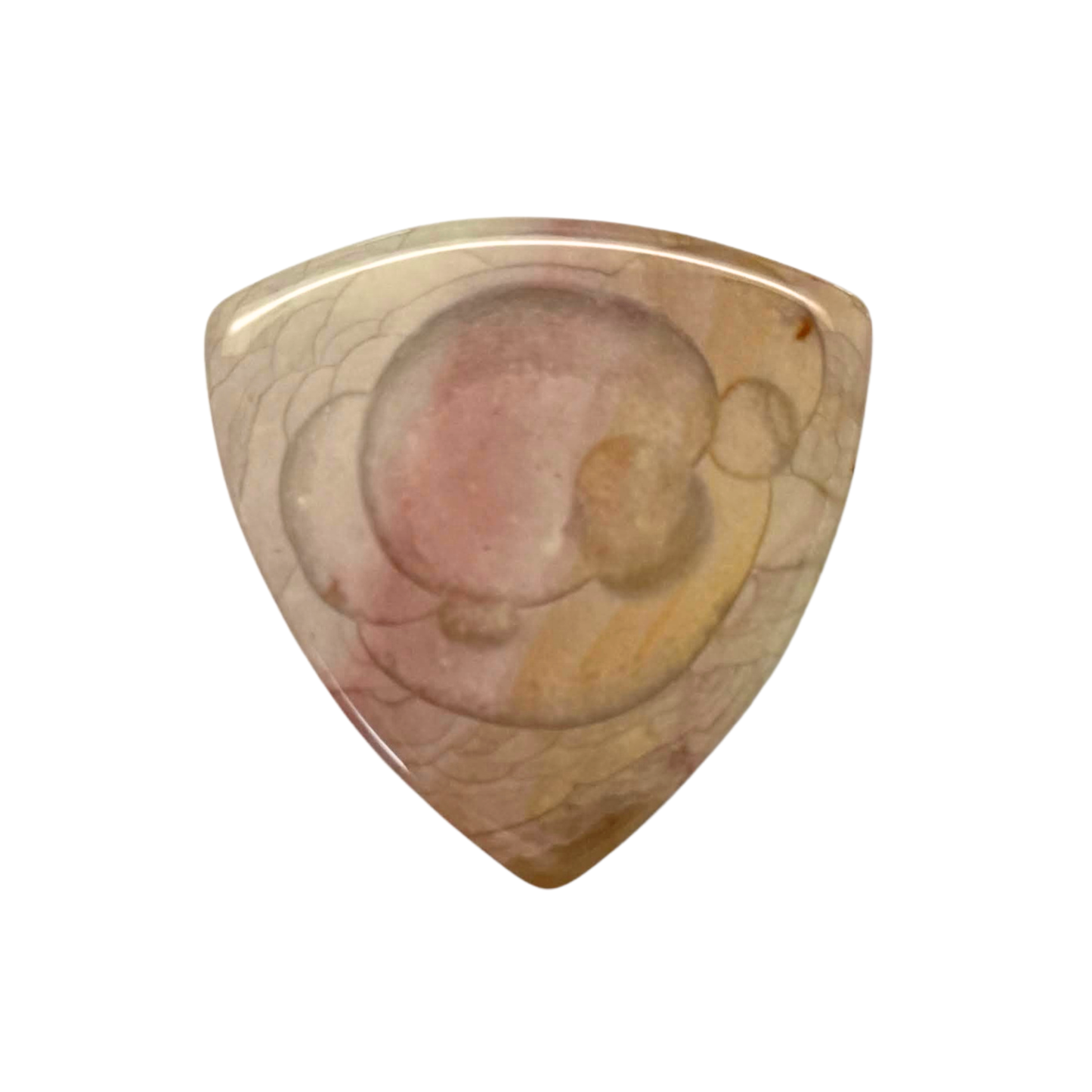 A bass stone guitar pick made of polished stone with a marbled pattern of beige, brown, and soft pink, shown on a plain white background.