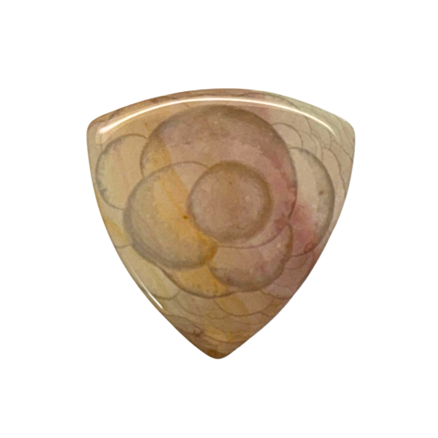A bass stone guitar pick made of polished stone with a marbled pattern of beige, brown, and soft pink, shown on a plain white background.