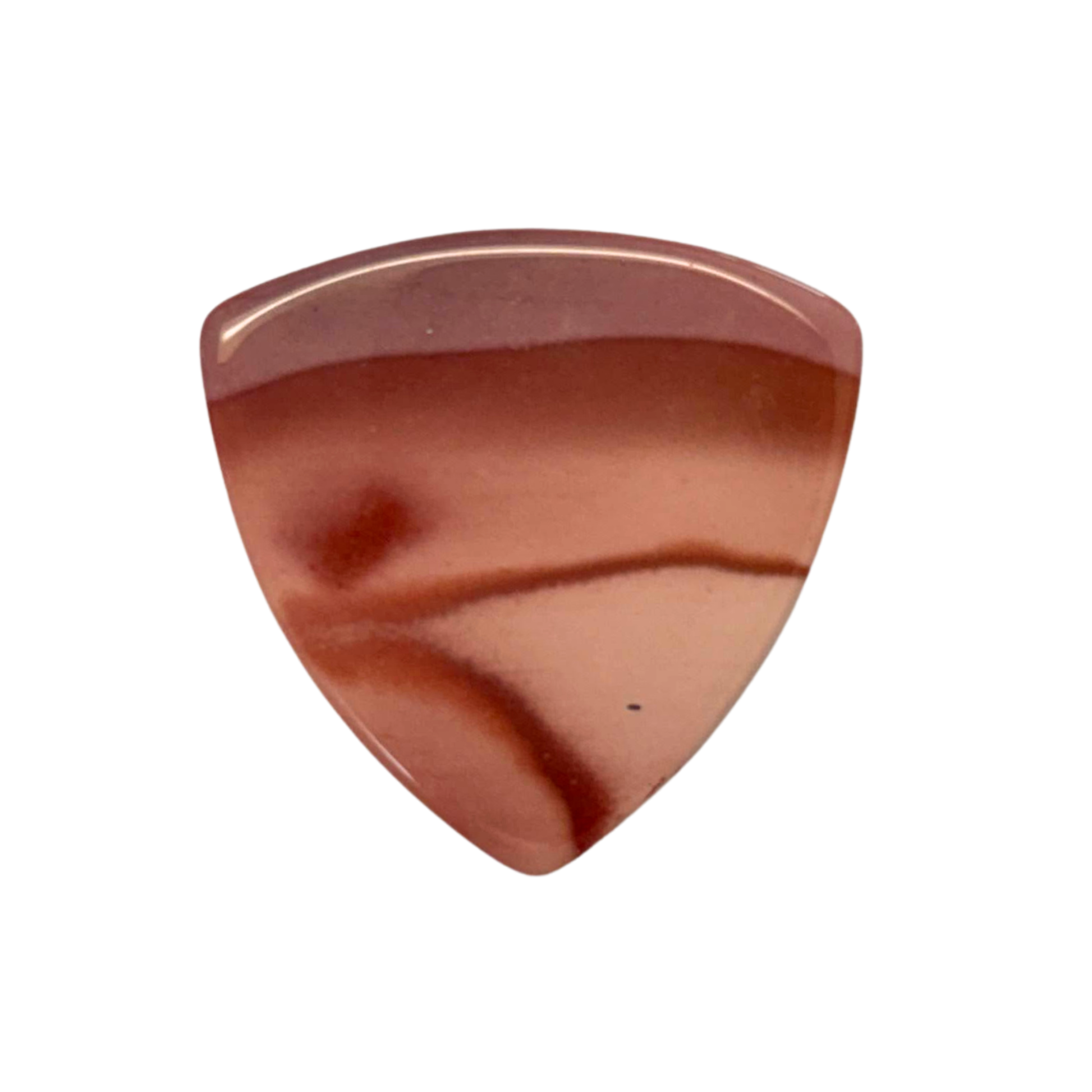 A bass stone guitar pick made of polished jasper with natural marbled patterns in terracotta, reddish-brown, and light peach tones, shown on a solid white background.