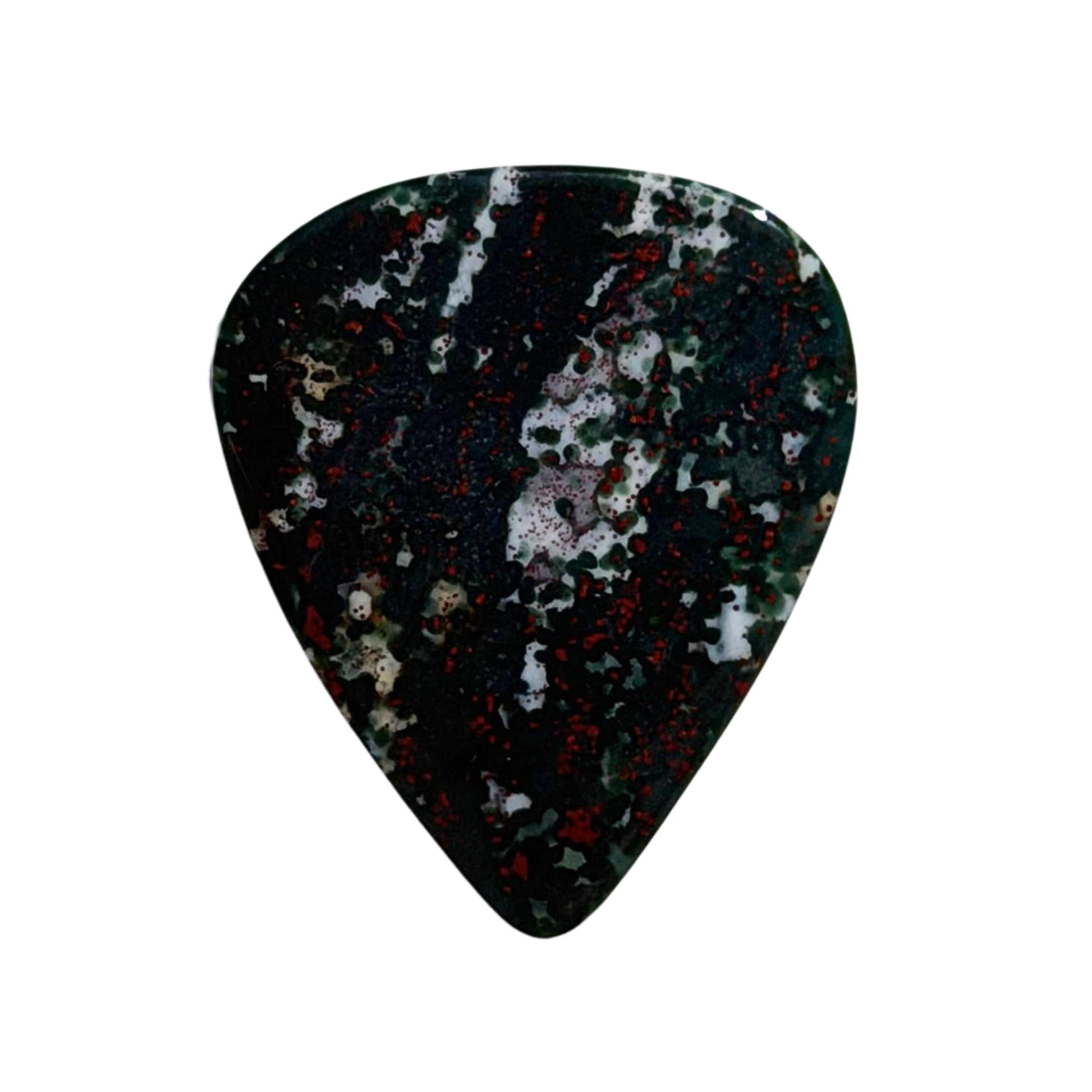 handmade stone guitar pick green with white and red speckles