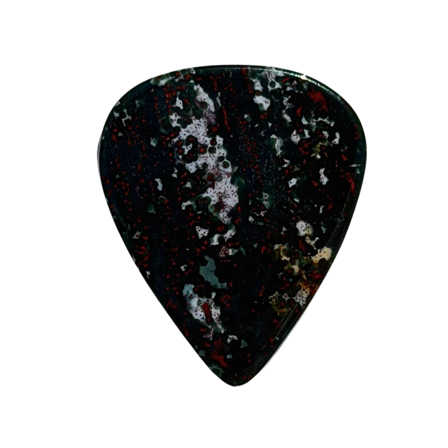 handmade stone guitar pick green with white and red speckles