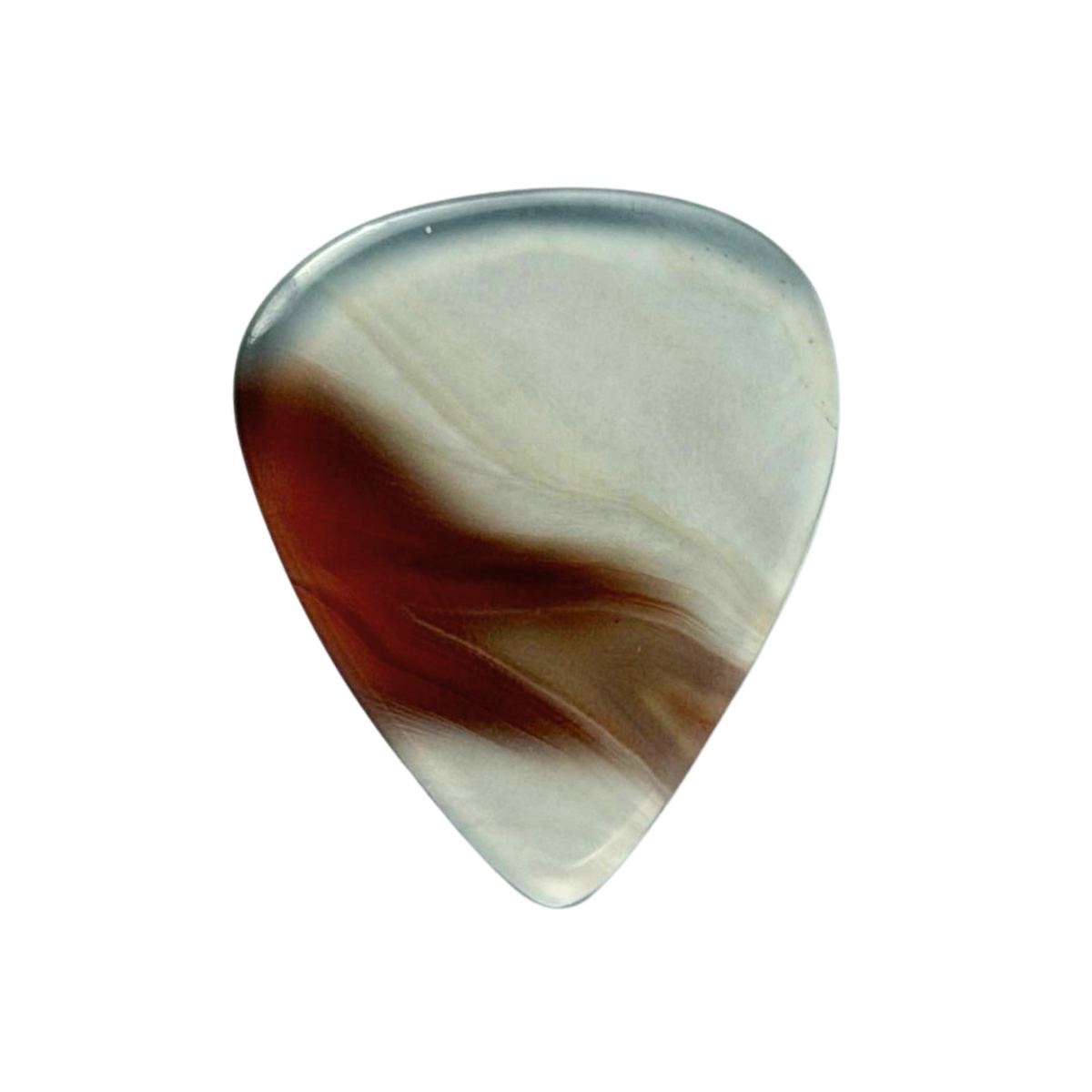 A handmade standard guitar pick with a marbled pattern of translucent off-white, clear, and deep reddish-brown, isolated on a solid white background.