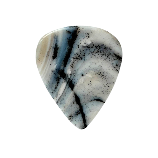 handmade standard stone guitar pick with a polished white, gray, and black marbled pattern, isolated on a solid white background.