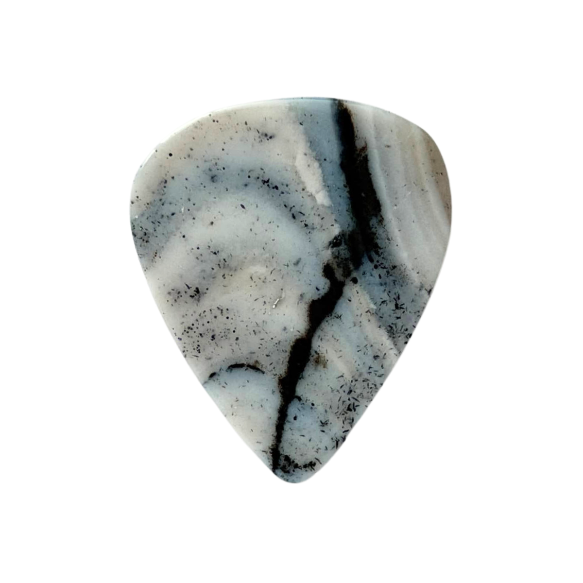 handmade standard stone guitar pick with a polished white, gray, and black marbled pattern, isolated on a solid white background.