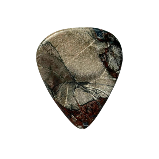 handmade standard stone guitar pick with a polished natural stone pattern featuring shades of gray, brown, and white veining, isolated on a solid white background.