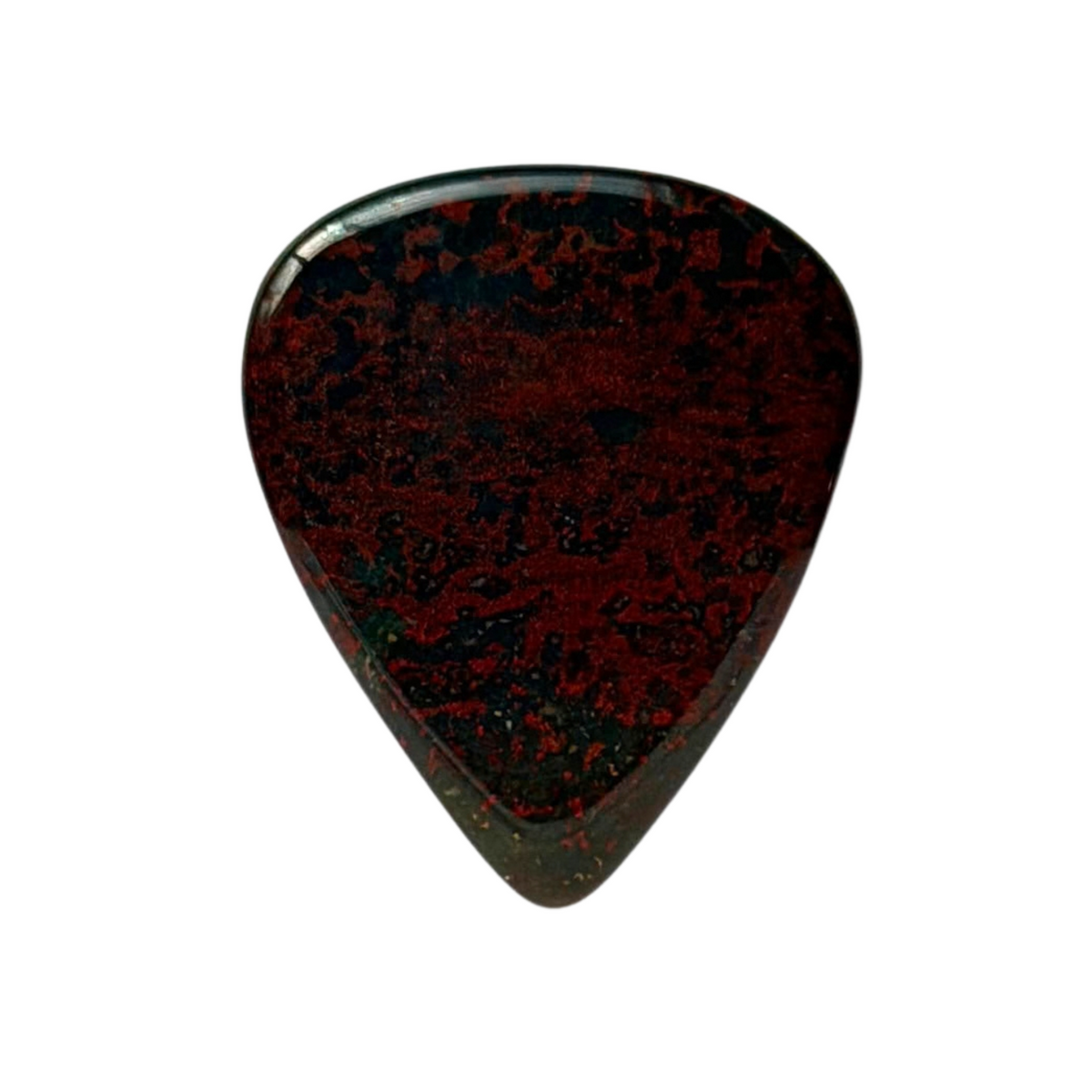 handmade standard stone guitar pick with a glossy, mottled dark red and black pattern, isolated on a solid white background.