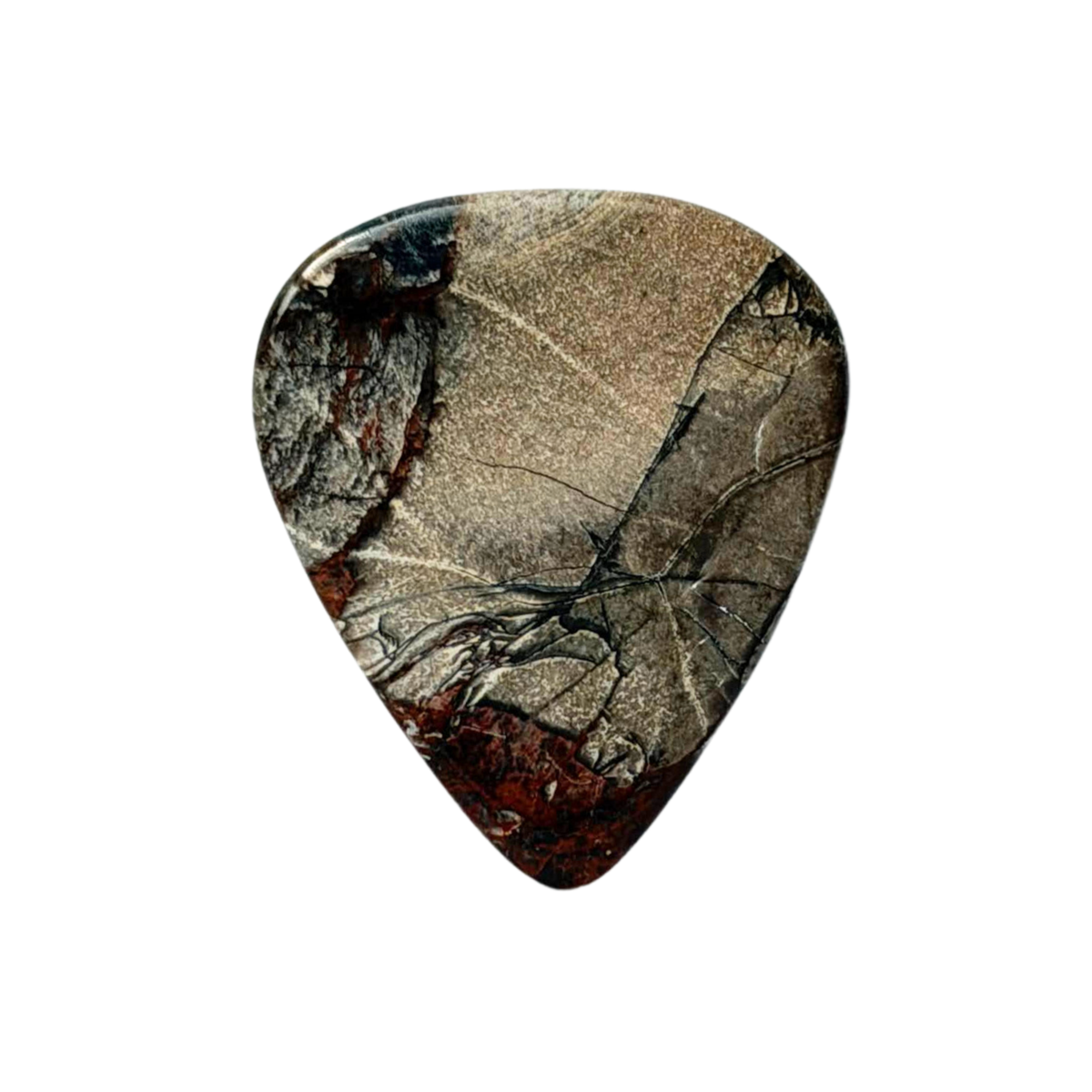 handmade standard stone guitar pick with a polished natural stone pattern featuring shades of gray, brown, and white veining, isolated on a solid white background.