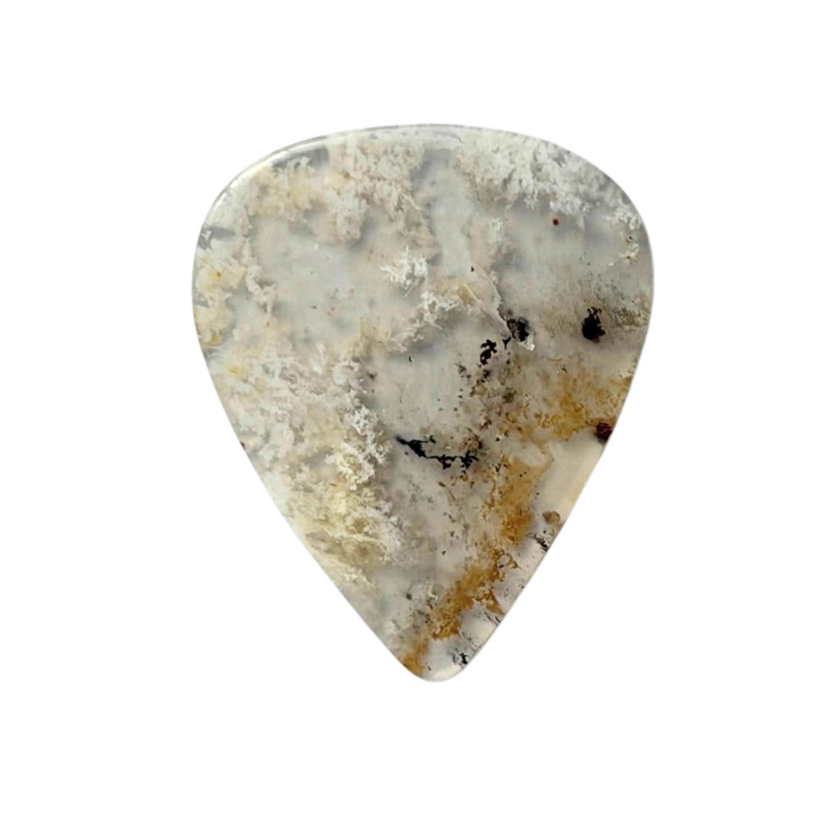 handmade standard stone guitar pick made from a polished natural stone with a marbled pattern of off-white, gray, beige, and brown, shown against a solid white background.