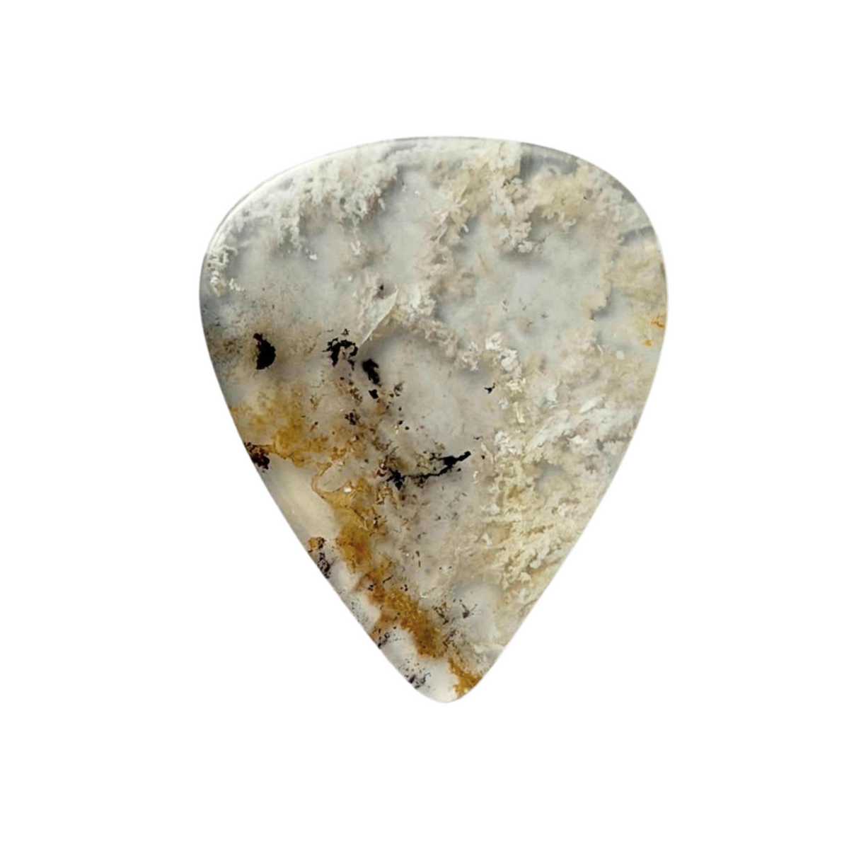handmade standard stone guitar pick made from a polished natural stone with a marbled pattern of off-white, gray, beige, and brown, shown against a solid white background.