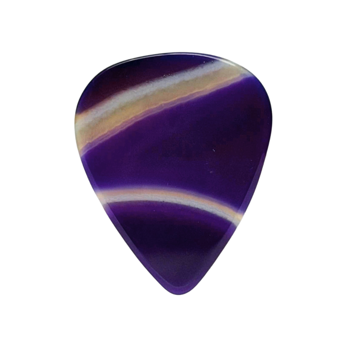 handmade purple standard stone guitar pick with 2 brown and white stripes