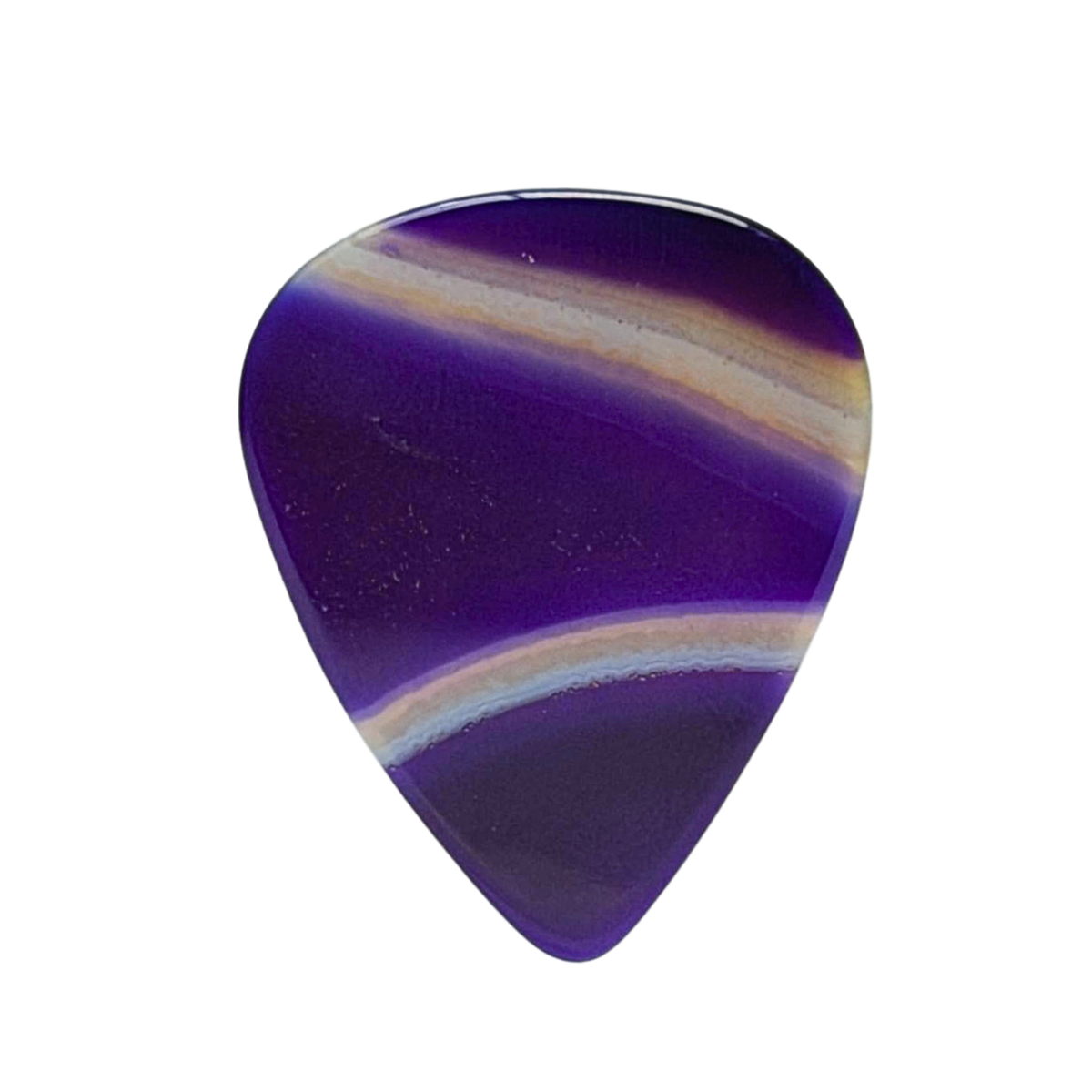 handmade purple standard stone guitar pick with 2 brown and white stripes