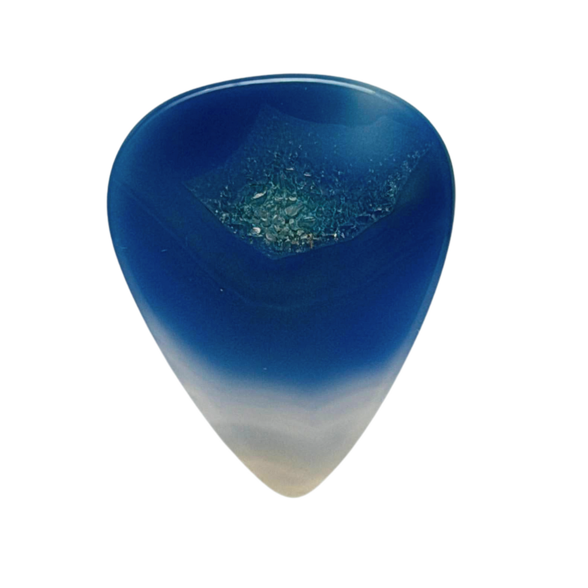 handmade blue designer stone guitar pick with white tip