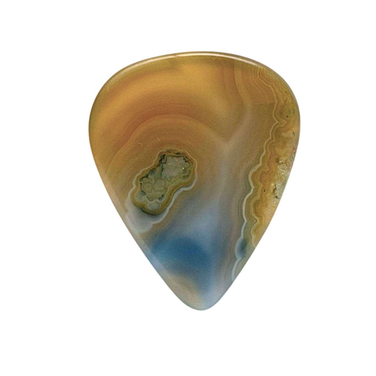 handmade stone guitar pick with beige and blue coloring