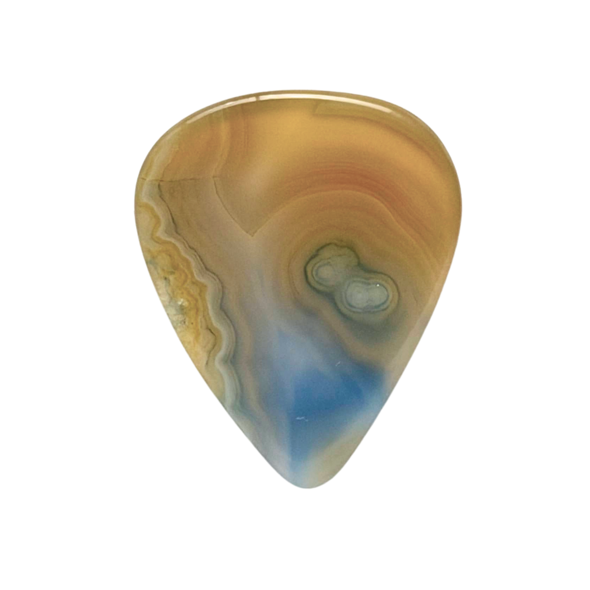 handmade stone guitar pick with beige and blue coloring