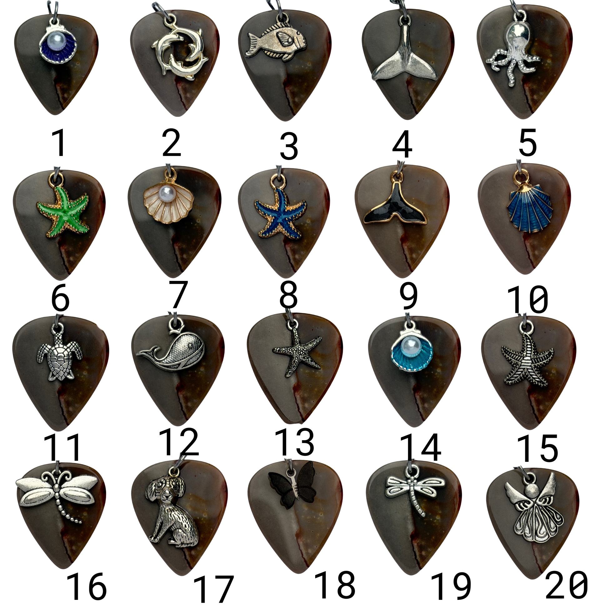 Array of charms exampled on guitar pick 
Charm 1 : Silver
Charm 2: Three dolphins
Charm 3: Fish
Charm 4: Whale tail
Charm 5: Octopus
Charm 6: green and gold starfish
Charm 7: Gold and white pearl clamshell
Charm 8: Blue and Gold Starfish
Charm 9: Black and gold whale taill
Charm 10: blue and gold shell
Charm 11: turtle
Charm 12: whale
Charm 13: starfish
Charm 14: silver and blue shell
Charm 15: striped silver
Charm 16: Dragonfly
Charm 17: sitting dog
Charm 18: Small butterfly
Charm 19: small dragonfly