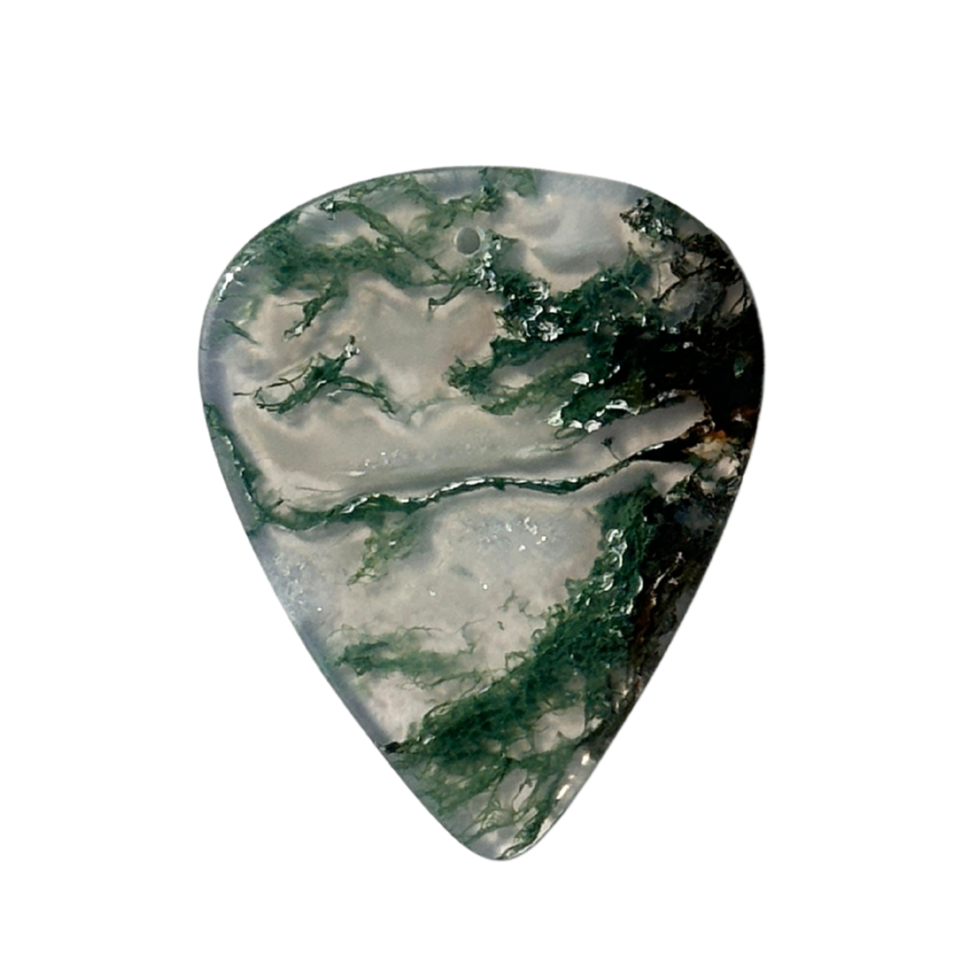 green moss and clear stone guitar pick pendant