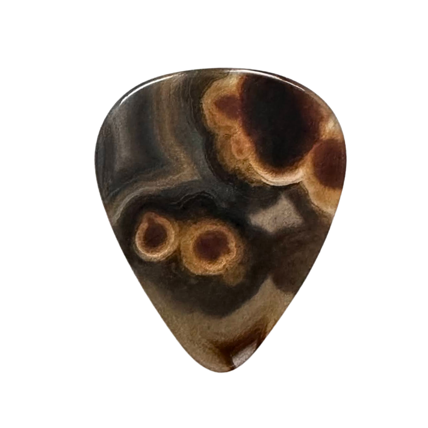 circular patterned black and brown stone guitar pick