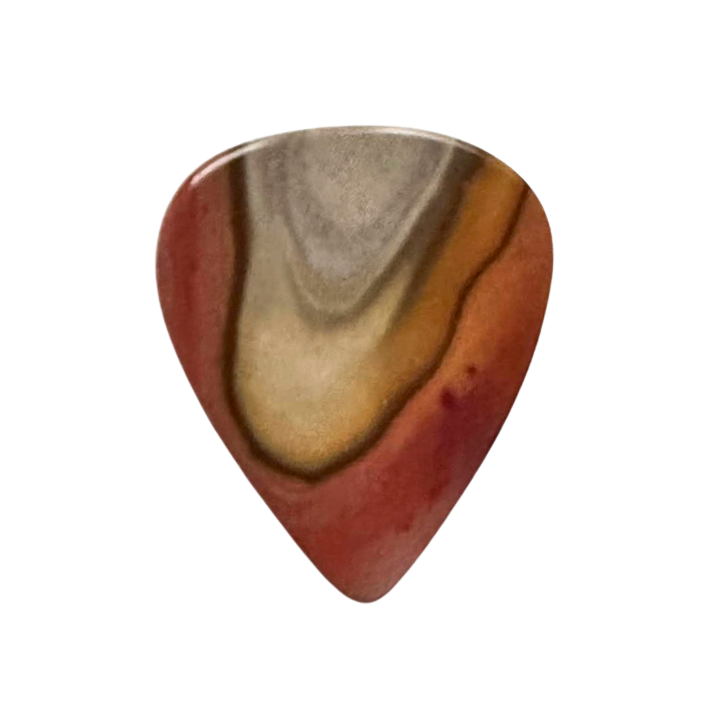 A single stone teardrop-shaped guitar pick with a marbled pattern of rust red, brown, beige, and gray, isolated on a solid white background.