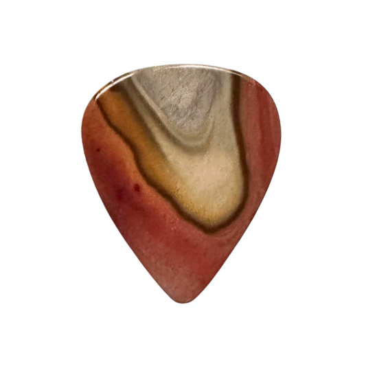 A single stone teardrop-shaped guitar pick with a marbled pattern of rust red, brown, beige, and gray, isolated on a solid white background.