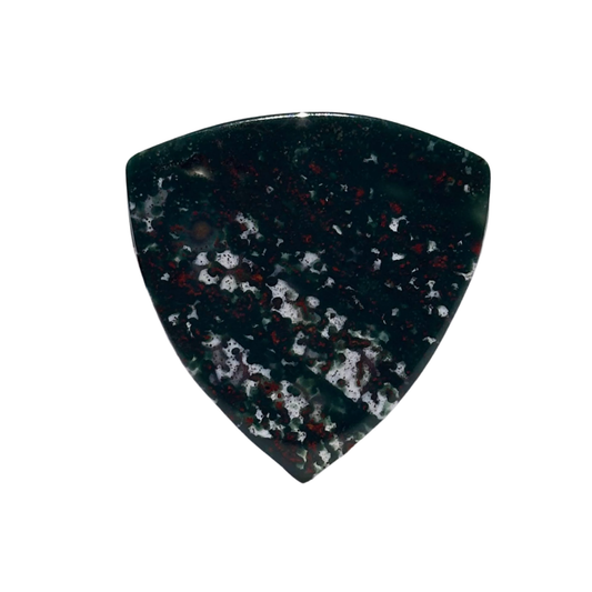 handmade stone bass guitar pick green with red and white striped dots on white background
