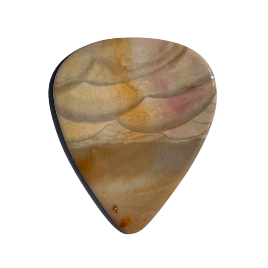 A teardrop-shaped standard stone guitar pick made of polished natural stone with wavy bands of beige, brown, tan, and soft pink, shown on a plain white background.