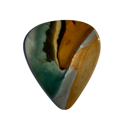 Marbled teal and orange handmade stone guitar pick