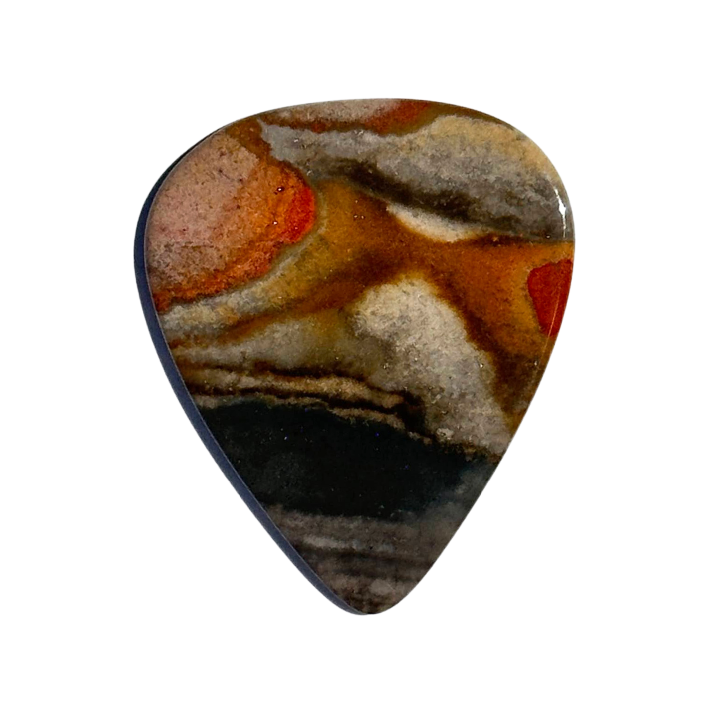 orange toned with gray concentric patterned handmade stone guitar pick on white background