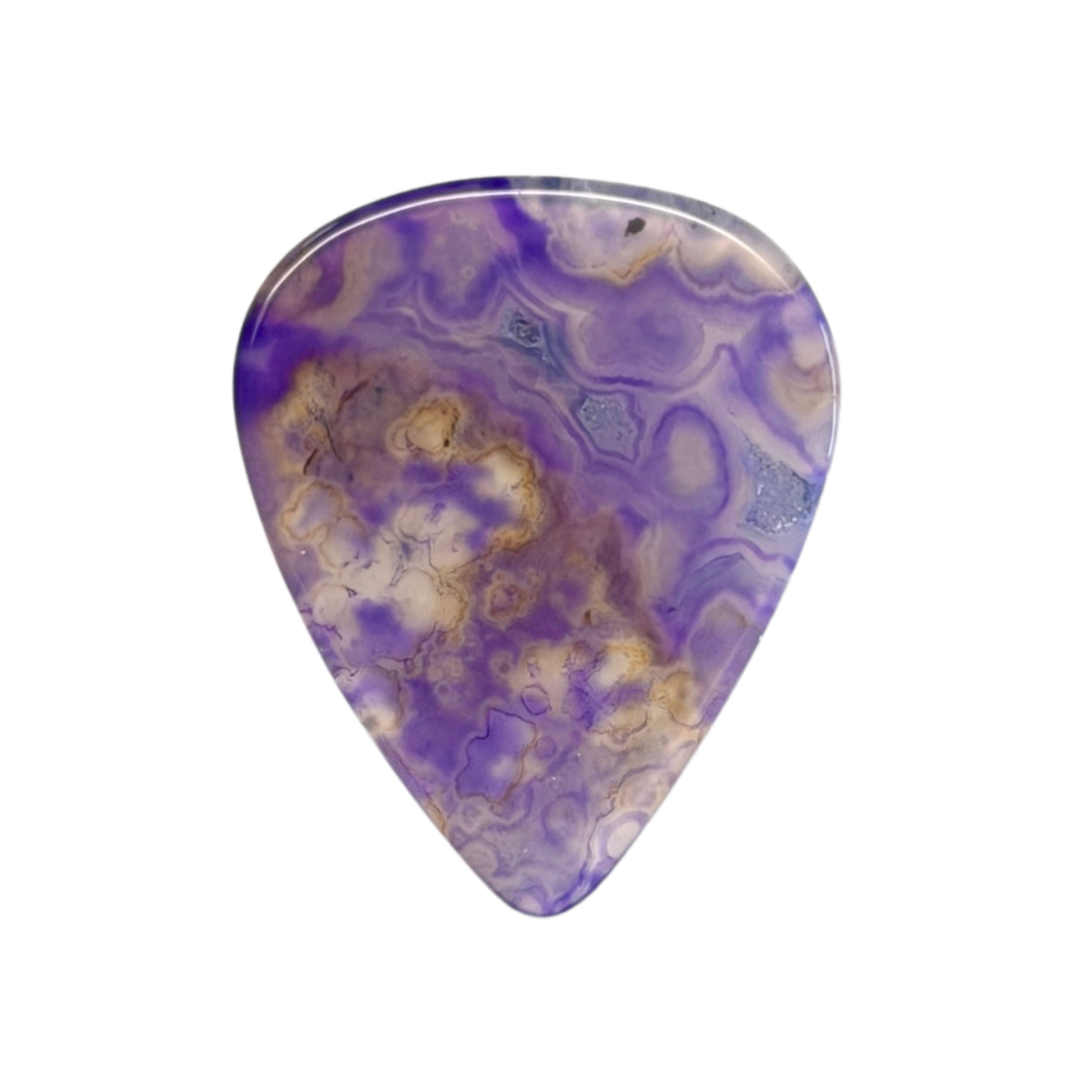 purple with brown handmade stone guitar pick on white background