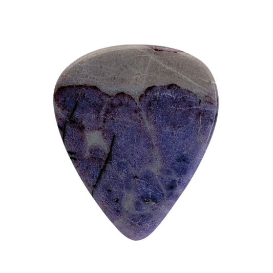A teardrop-shaped standard stone guitar pick featuring a mottled pattern of deep purple, slate blue, and gray, isolated on a solid white background.