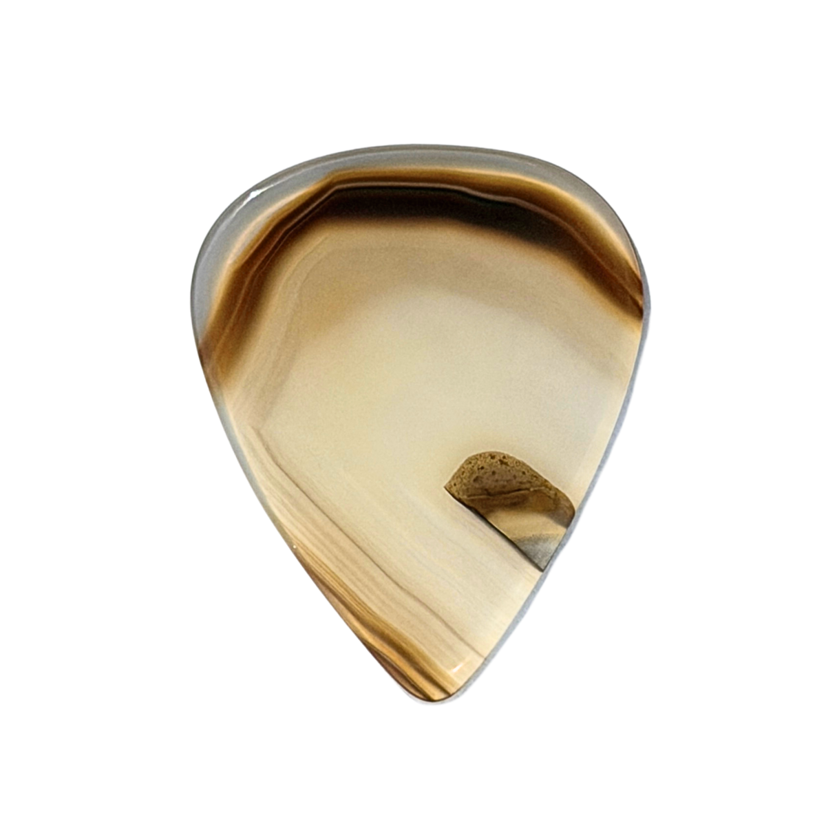 handmade stone guitar pick with varied brown and clear stripes