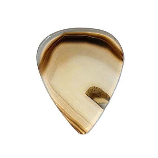 handmade stone guitar pick with varied brown and clear stripes