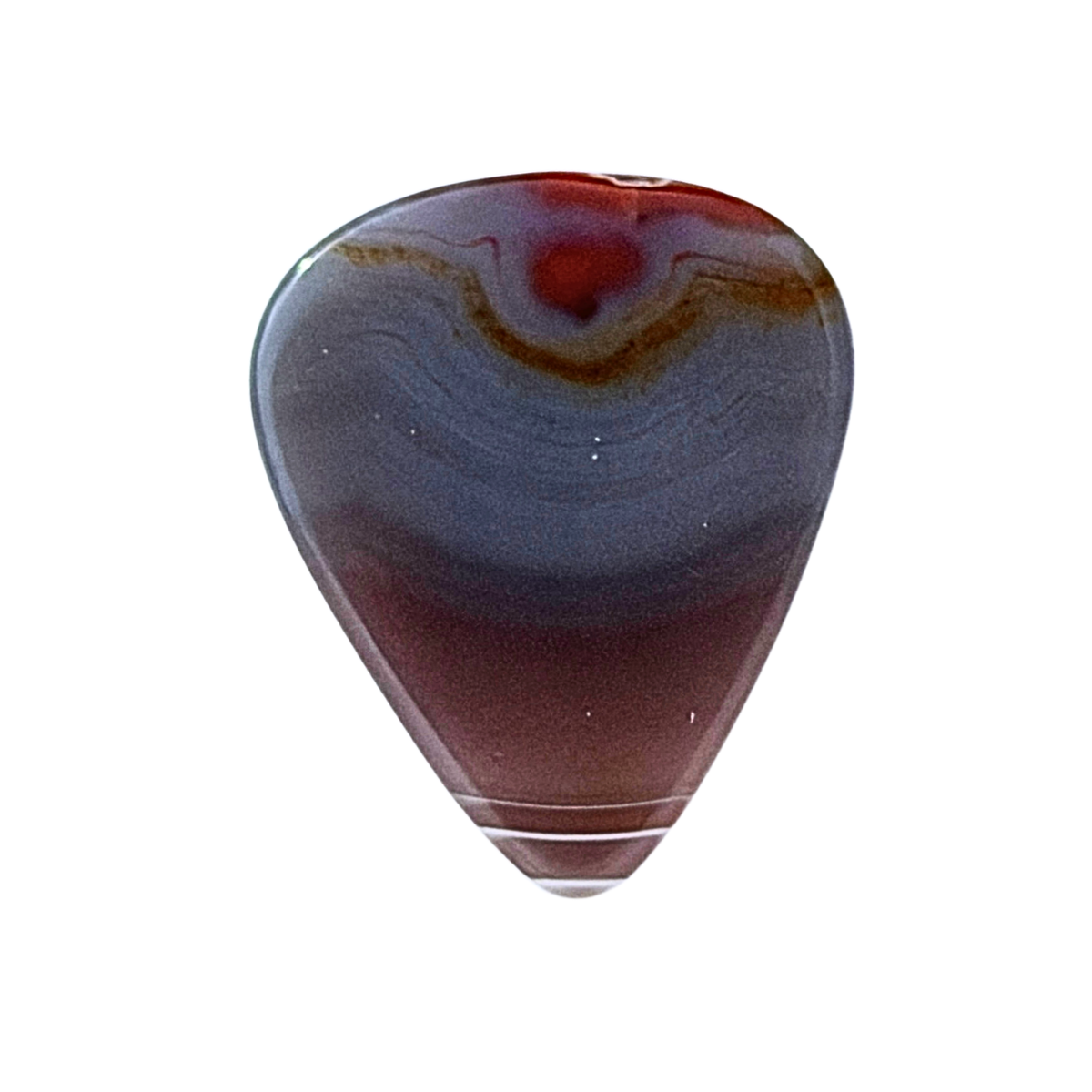 handmade stone guitar pick with striped gray with red and white 