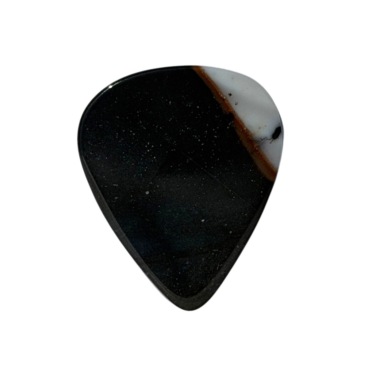 A standard stone guitar pick with a polished black surface speckled with tiny white flecks, featuring a natural white and brown stone inlay along the upper right edge, shown on a solid white background.