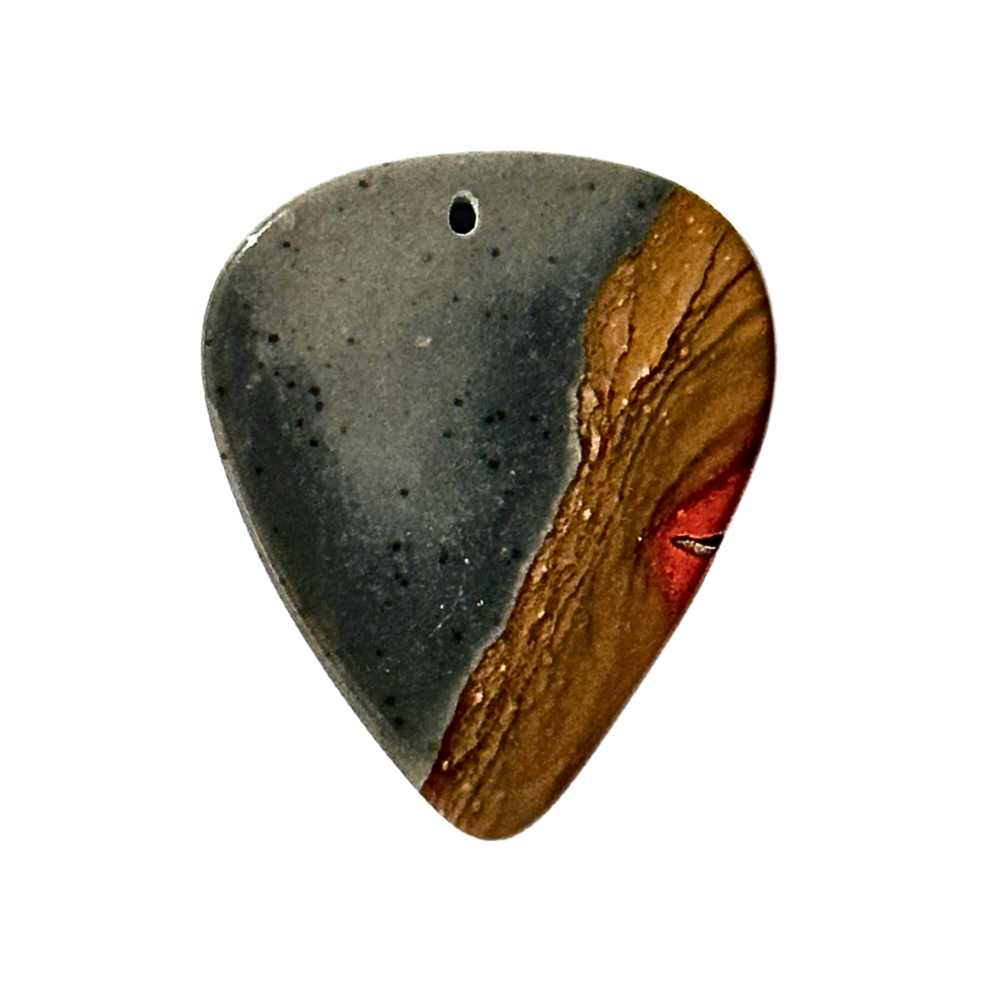 gray, brown and red vertical striped stone guitar pick