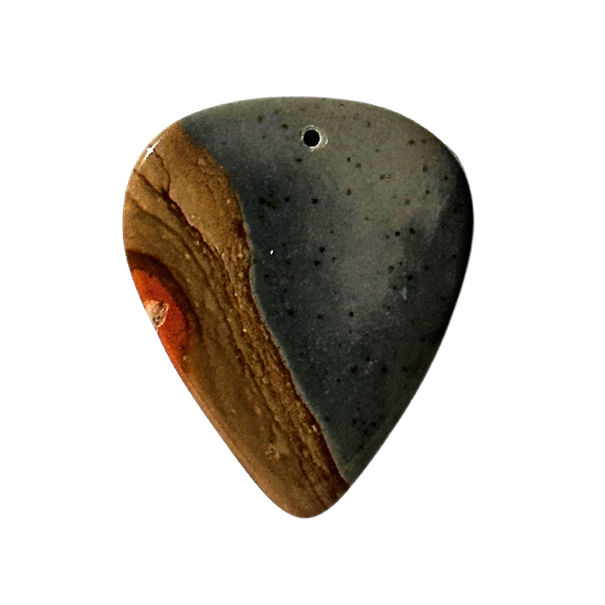 gray, brown and red vertical striped stone guitar pick