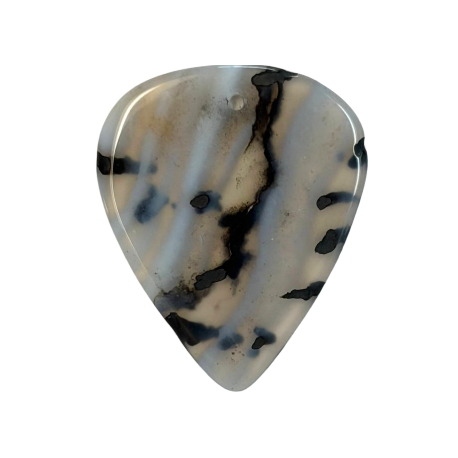 white with black handmade stone guitar pick