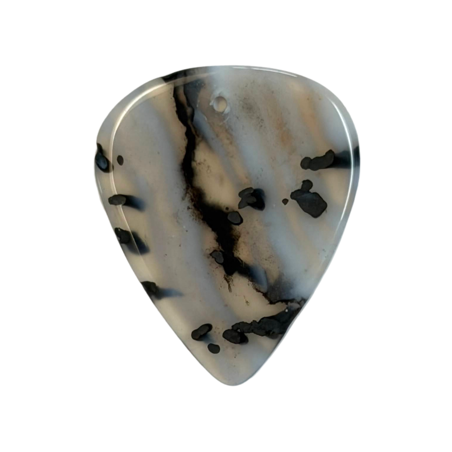 white with black handmade stone guitar pick