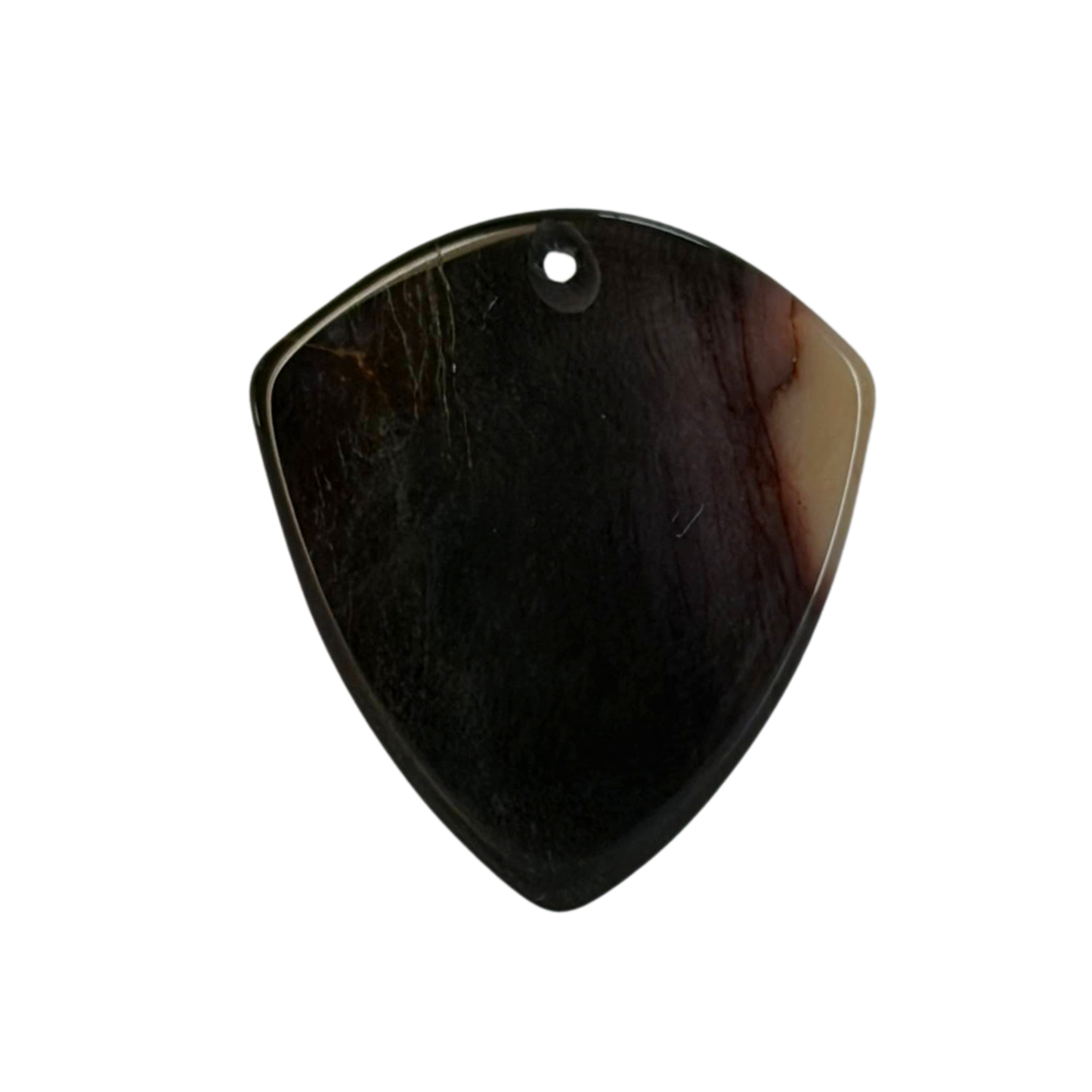 A single guitar pick with a rounded shield shape, featuring a dark black center and a warm brown and beige marbled pattern along the edges, complete with a small hole at the top for hanging.