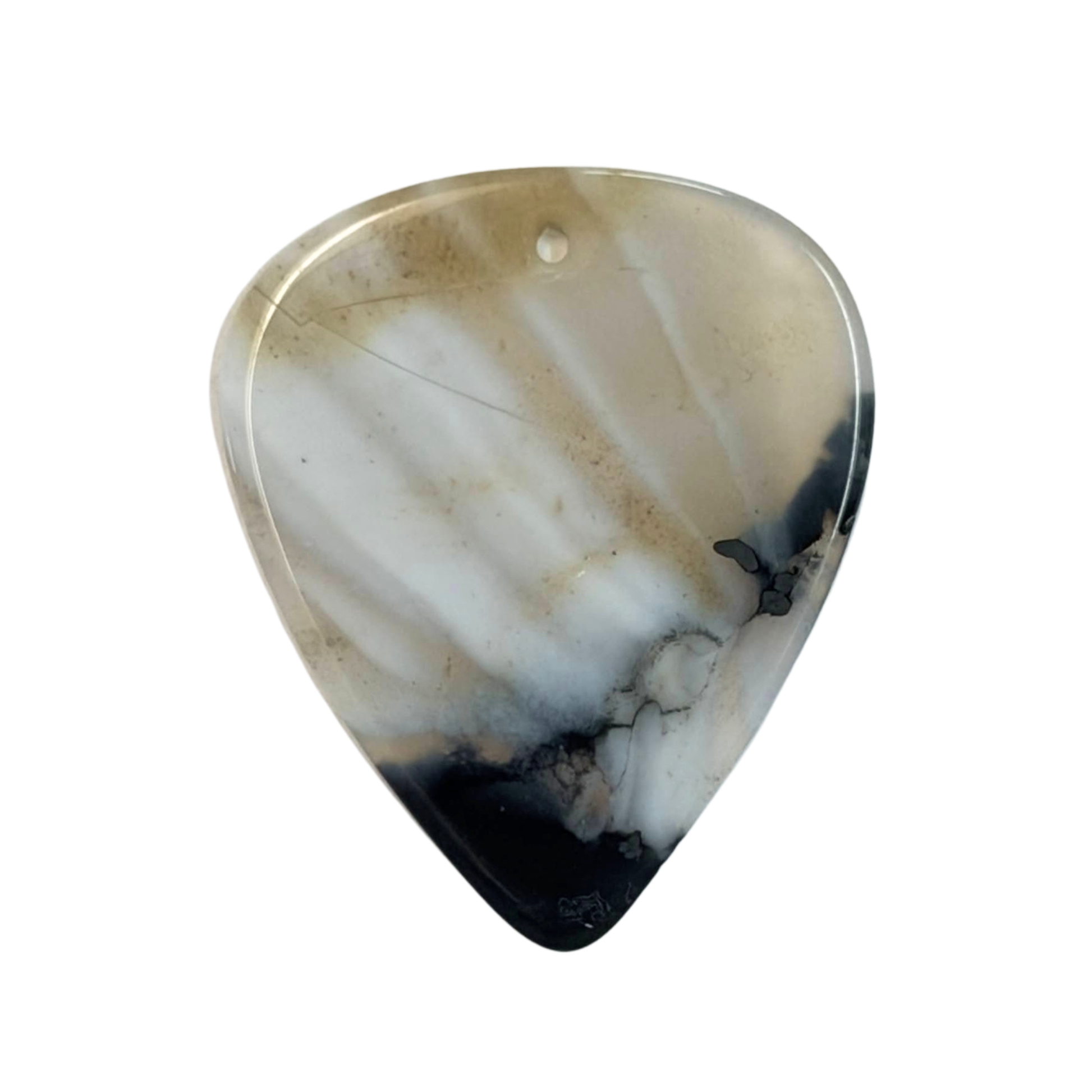 A teardrop-shaped handmade stone guitar pick pendant with a natural agate-like pattern in shades of cream, beige, white, and black, featuring a small hole at the top for hanging.