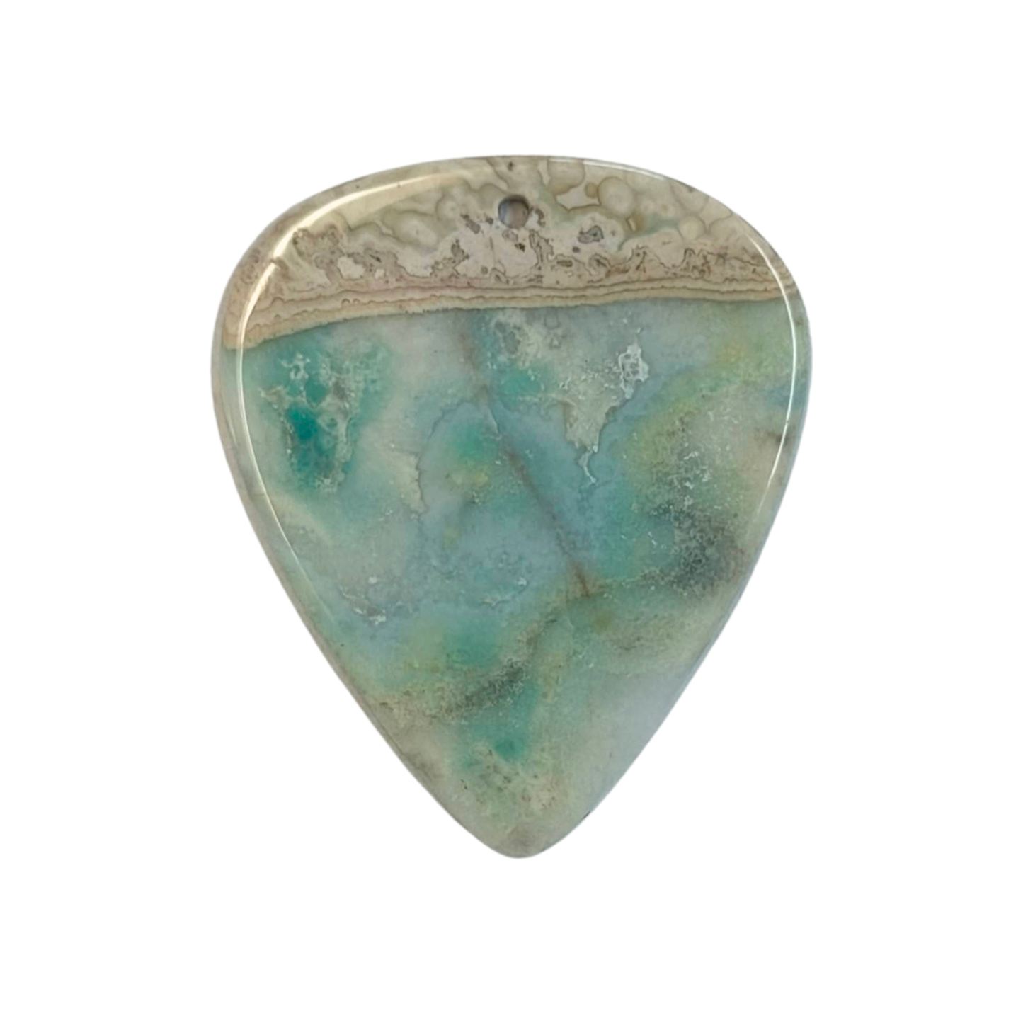 A teardrop-shaped guitar pick made of polished agate with a marbled pattern of teal, mint green, and beige, featuring a natural band of inclusions near the top edge stone guitar pick necklace pendant