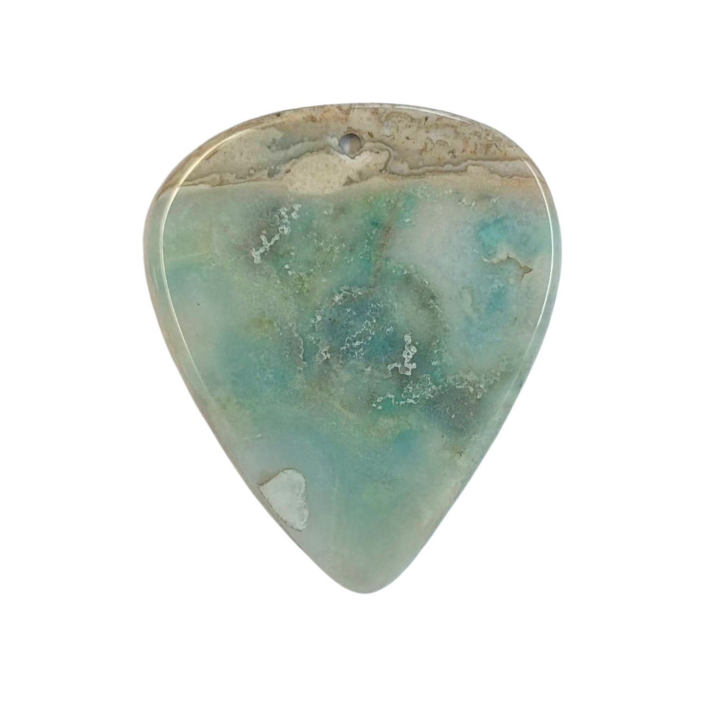 A teardrop-shaped guitar pick made of polished agate with a marbled pattern of teal, mint green, and beige, featuring a natural band of inclusions near the top edge stone guitar pick necklace pendant