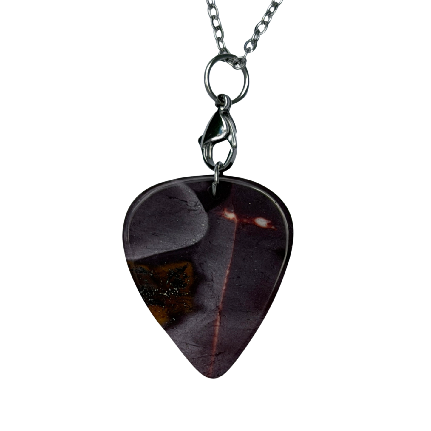dark purple stone guitar pick necklace on silver chain
