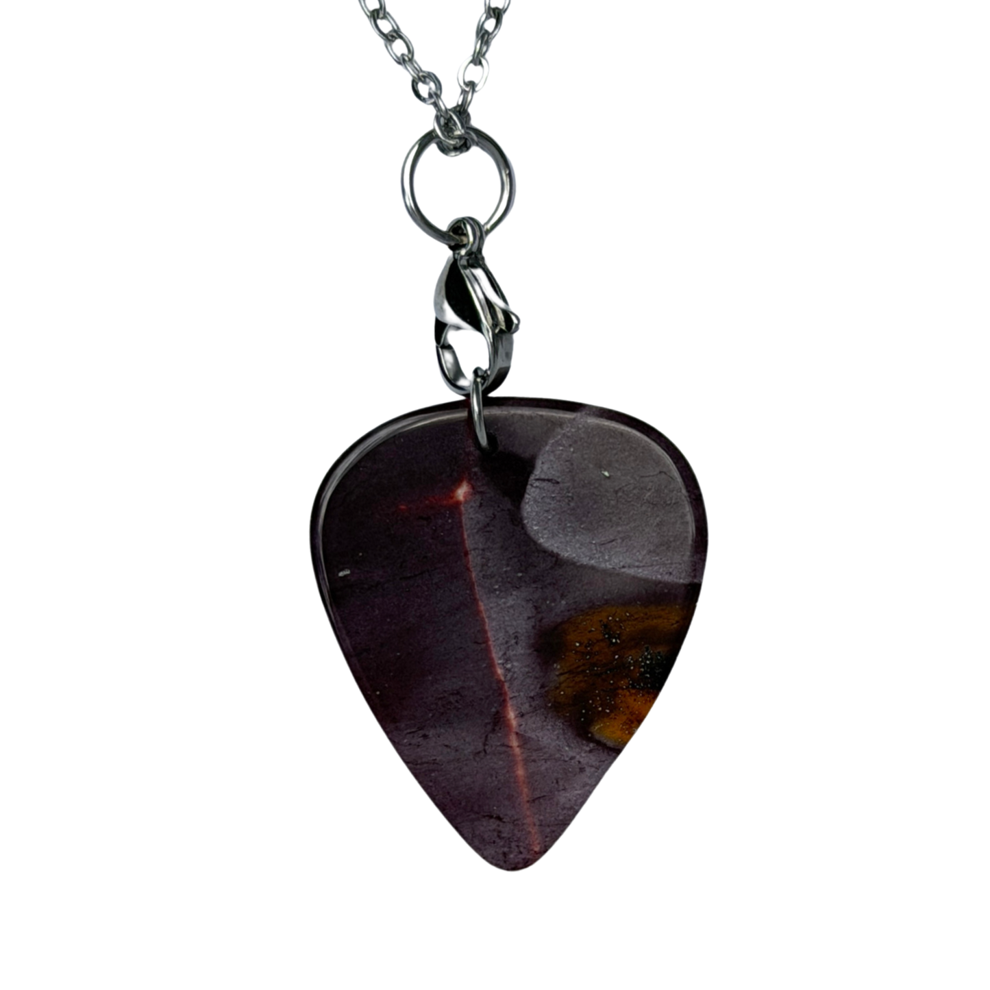 dark purple stone guitar pick necklace on silver chain